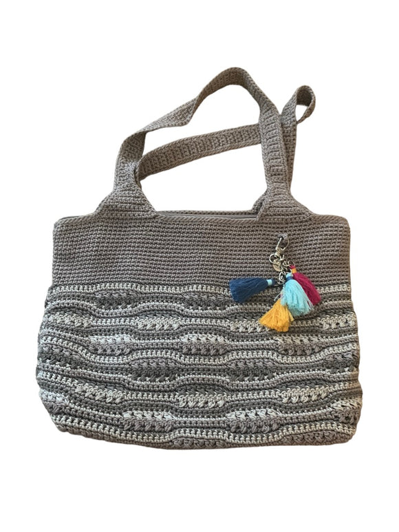 The Sak Collective Gray Stripe Classic Crochet Tote Zip Top Lined Tassels