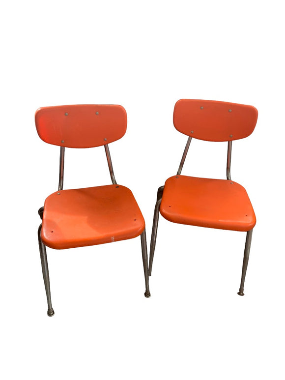 Vintage Virco School Chairs Set of 2 Stacking Orange Plastic Chrome Lot C