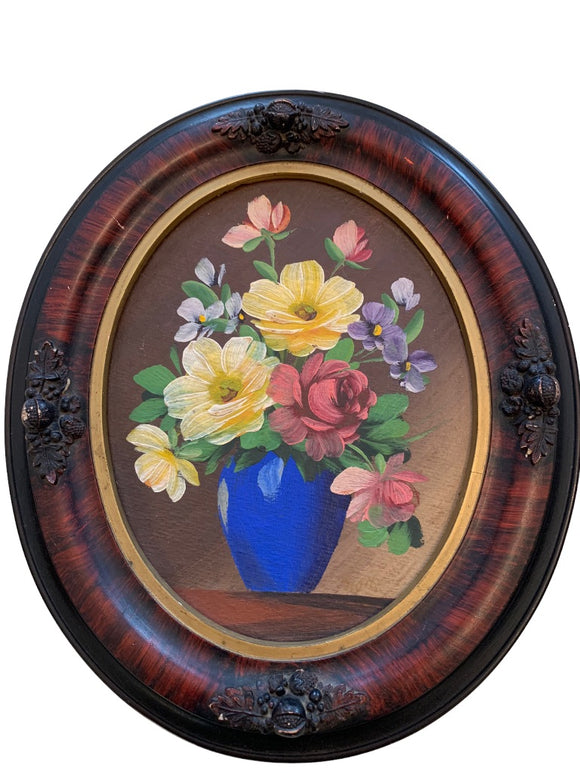 Vintage Framed Oil Painting Blue Vase Flowers Oval Gesco Studios Philadelphia 13.5