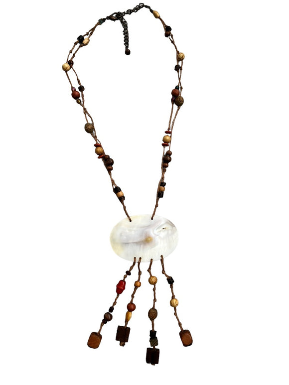 Boho Natural Wood Beaded Necklace Shell Pendant Beaded Tassels
