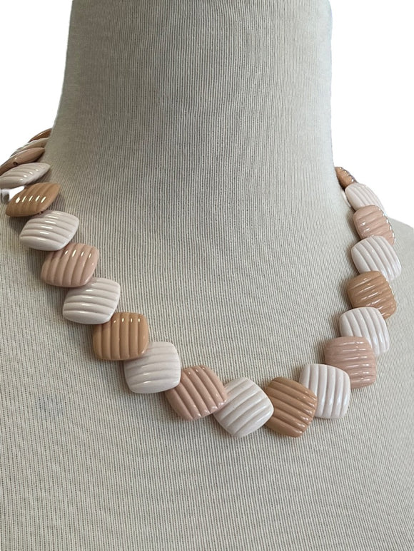 Vintage Square Beaded Overlay Taupe Peach Necklace Church