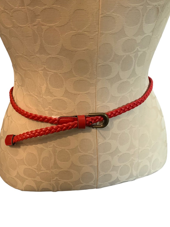 Small Women's Skinny Red Faux Leather Braided Belt Adjustable to 32