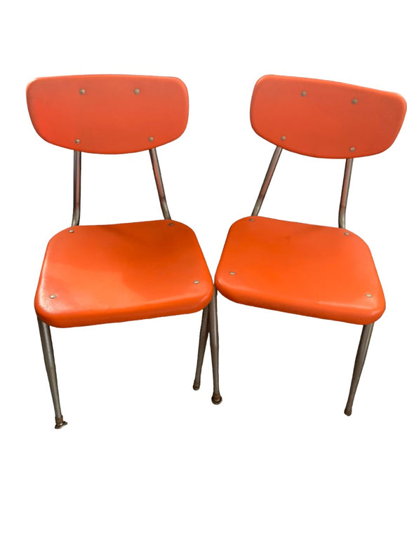 Vintage Virco School Chairs Set of 2 Stacking Orange Plastic Chrome Lot A