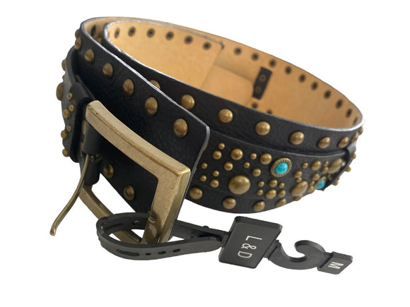 M Italian Leather Belt Studded Brass and Turquoise Convertible from Wide to Skinny