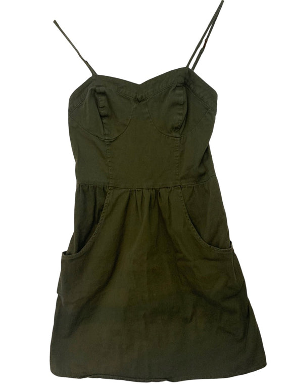 XS Mossimo Army Green A-Line Dress Spaghetti Strap Pockets Back Zip