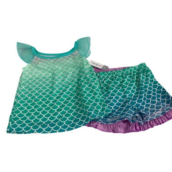 2T Carter's 3 Piece Girls Mermaid Pajamas Shorts and Short Sleeve Top