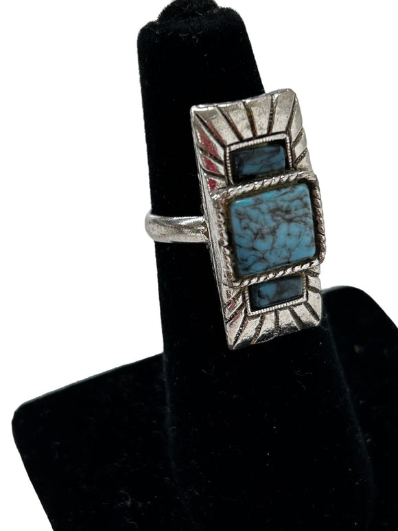 Vintage Adjustable Ring Silvertone and Faux Turquoise Stone Southwestern Style