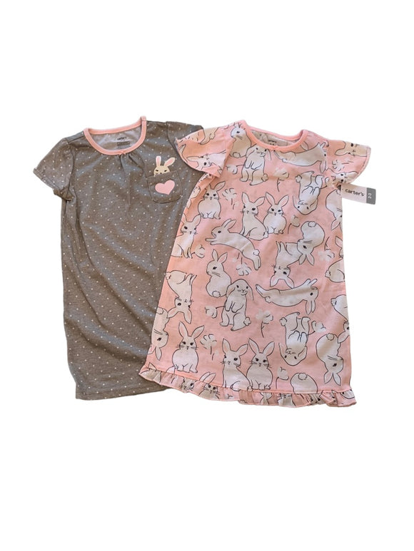 2-3 Carter's Girls Set of 2 New Bunny Nightgowns Easter Pink Gray Short Sleeve