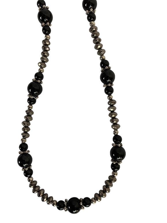 Black and Silvertone Beaded Necklace with Lobster Clasp Adjustable to 21