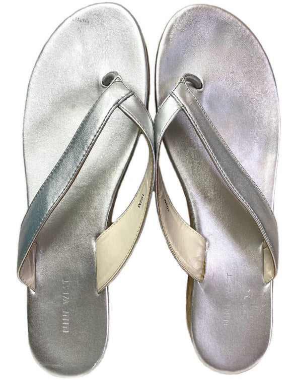 10.5 Nine West Silver Thong Sandal Flip Flop Cork Sole Women's