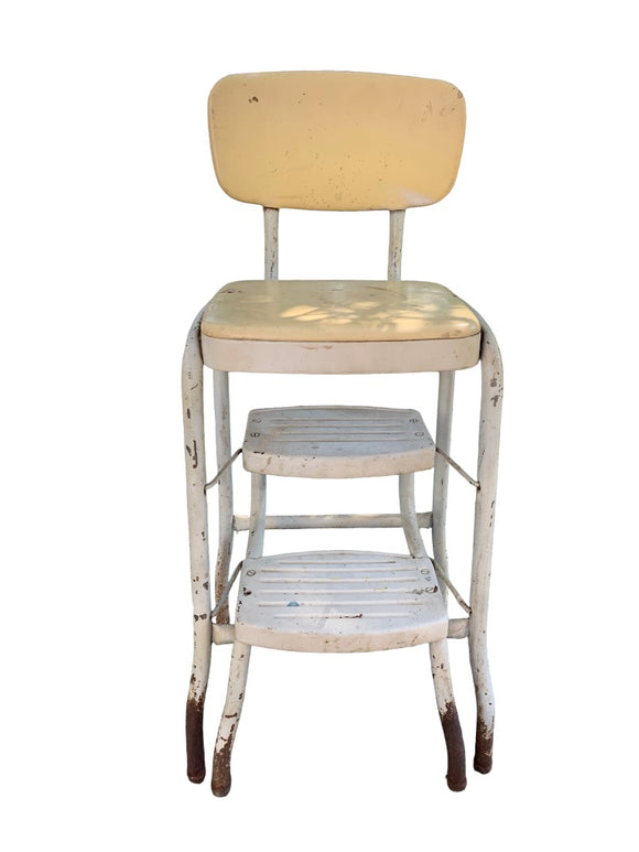 Vintage 1950s 3 Step Pull Out Step Stool Yellow White Sturdy Midcentury