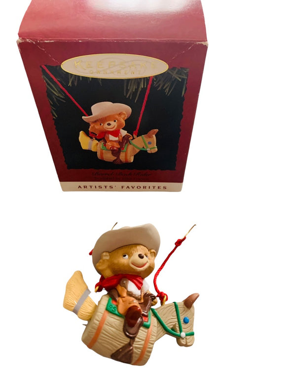 Barrel-Back Rider Teddy Bear Cowboy 1995 Hallmark Christmas Ornament 2.5