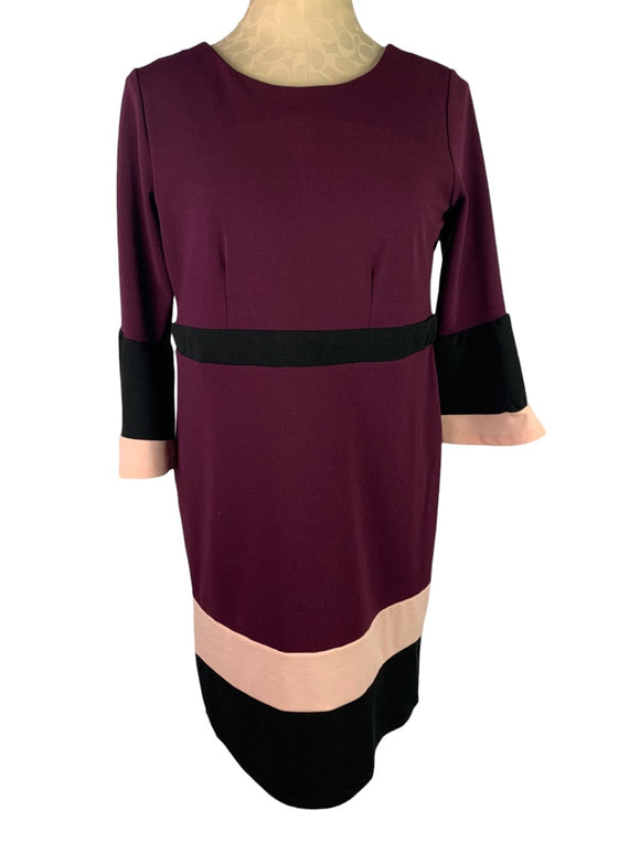 Small Petite NY Collection Purple Pink Color Block Dress Retro Style Bell Sleeve