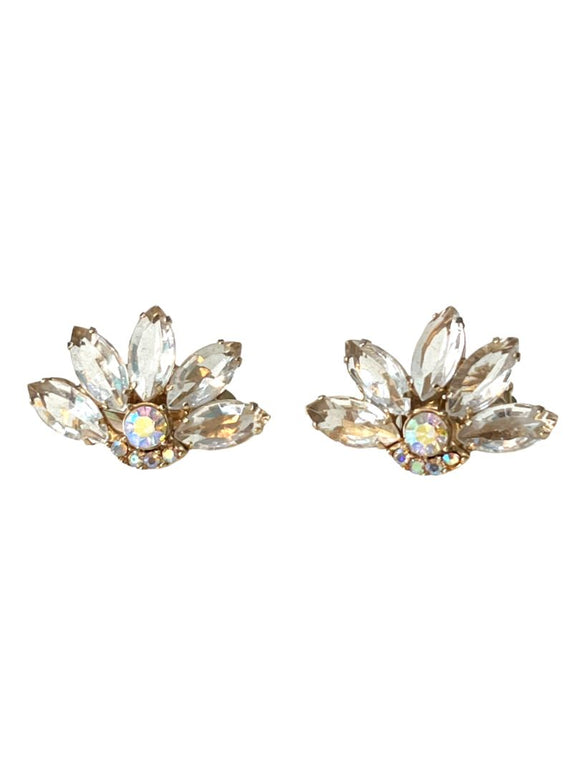 Vintage Rhinestone Glass Clip On Earrings Evening Formal Elegant Goldtone