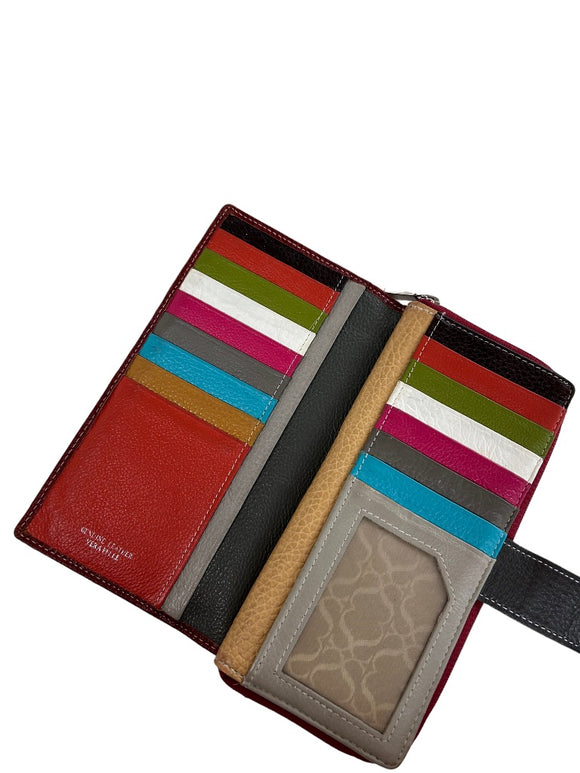 Red Pebbled Leather Zip Around Fold Wallet Multicolor Interior Change Compartment