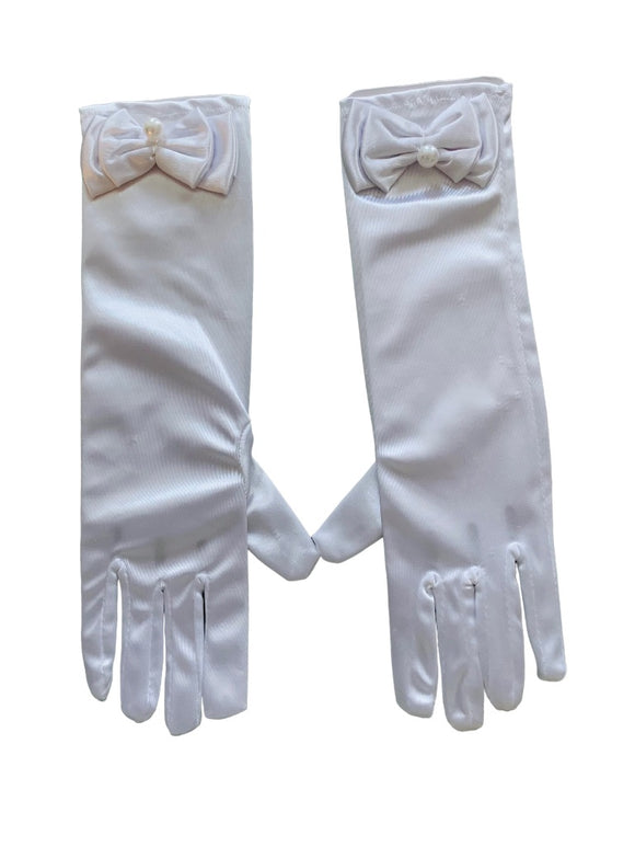 Girls White Formal Pageant Gloves New Bow Youth