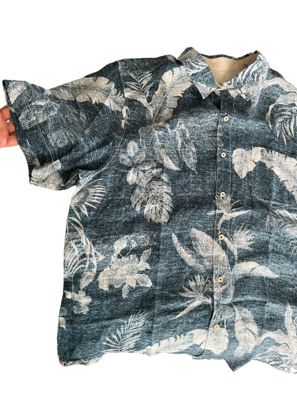 XL Tommy Bahama Linen Blue Hawaiian Shirt Short Sleeve Button Down