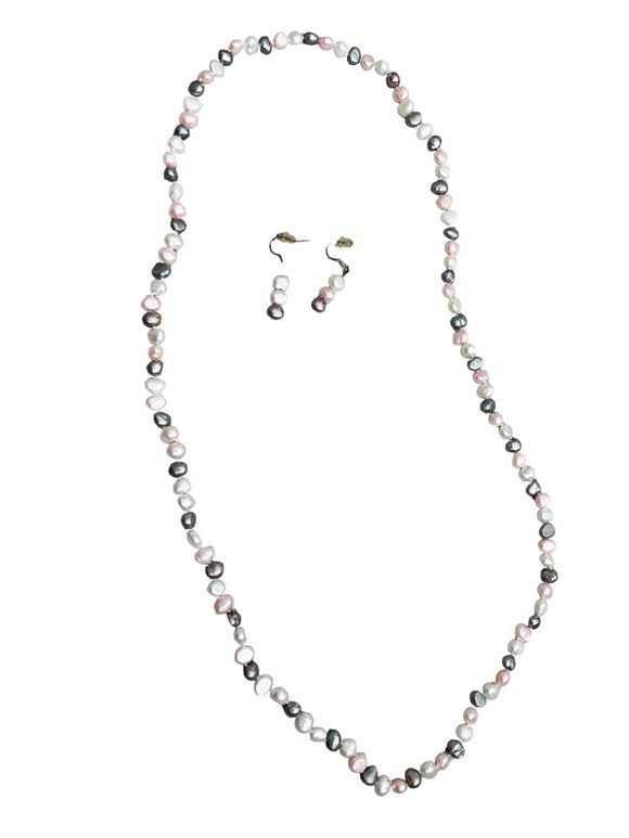Freshwater Multicolor Pearl Necklace and Earrings Set Pink Gray White Dangle Earring