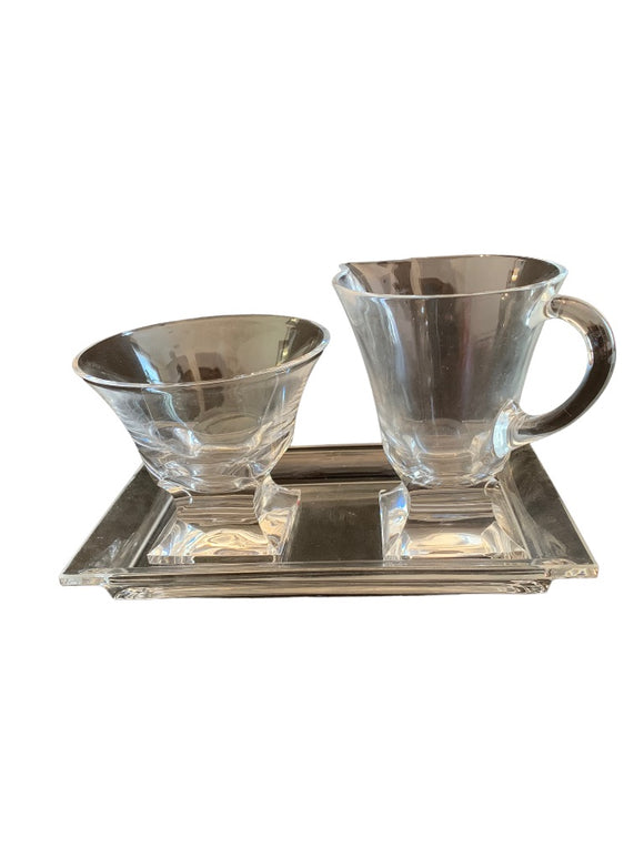 3 Piece Clear Glass Creamer and Sugar Set on Tray