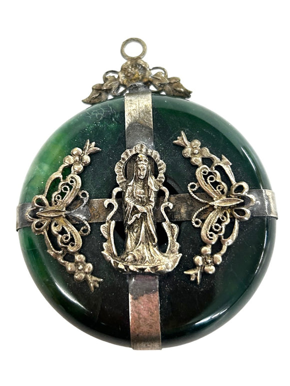 Green Jade Silver Pendant Quan Yin Goddess Medallion Dual Sided Intricate 2 1/8