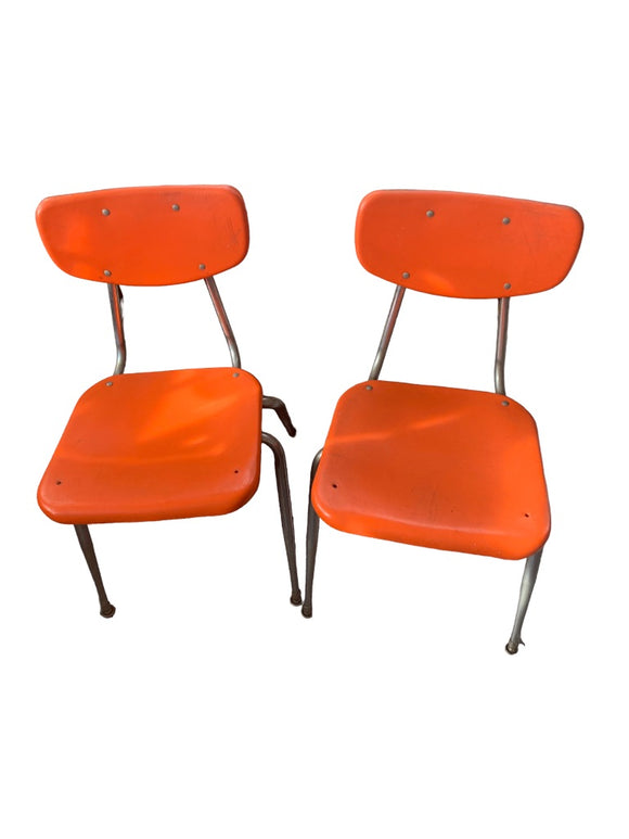 Vintage Virco School Chairs Set of 2 Stacking Orange Plastic Chrome Lot B