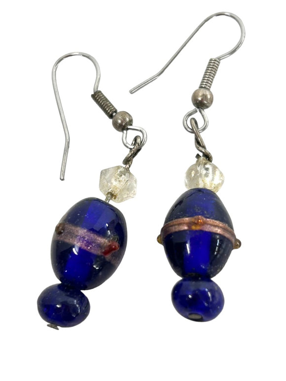Blue Glass Beaded Earrings Pierced Hook 2