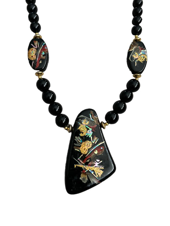 Handpainted Black Lacquer Oriental Wooden Pendant Necklace 22