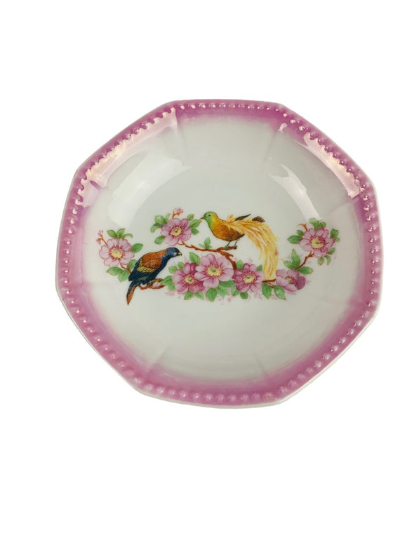 JK Unity Small Vintage Germany Bowl Pink Beaded Trim Bird Floral Design 4 3/4