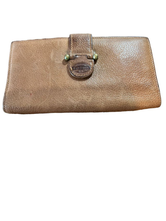 Fossil Brown Bi-Fold Pebbled Leather Wallet Snap Credit Card Check Change Pocket