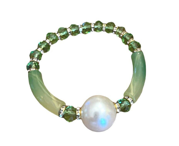 Handmade Stretch Large Faux Pearl Beaded Bracelet Green