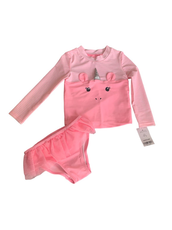 2T Carter's Girls 2 Piece Pink Unicorn Swimsuit Long Sleeve Rashguard UPF 50+ Protection