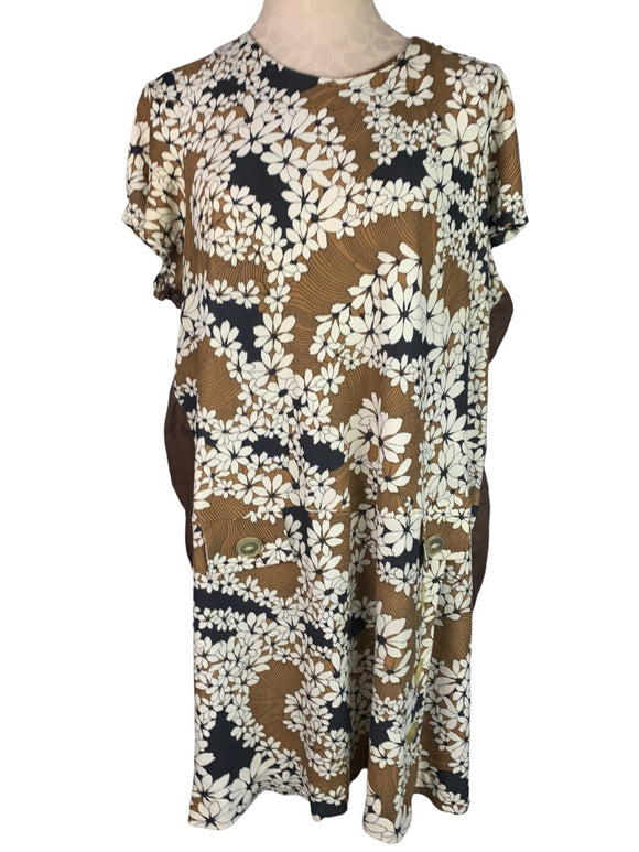Vintage 1950s Handmade Plus Size Brown Shift Dress Floral Print Knee Length