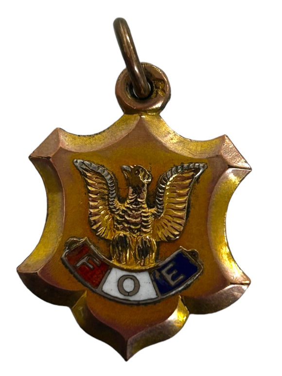 Vintage Goldtone Pendant Fraternity Order of the Eagles Shield Monogram Back 1 Inch Drop