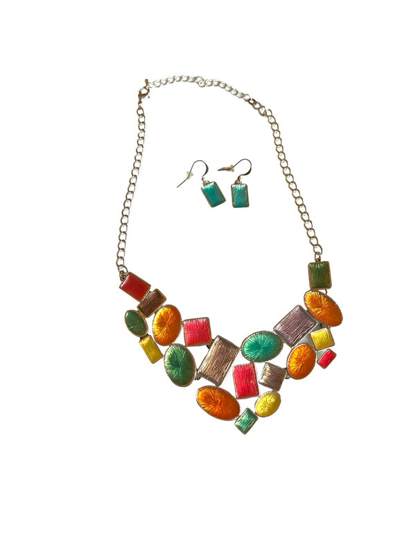 Vintage Style Bib Necklace Set Multicolor Silvertone Metal Geometric with Earrings