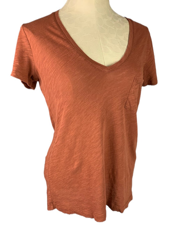 XS Madewell Women's V-Neck Rust Orange Tshirt Short Sleeve Single Pocket