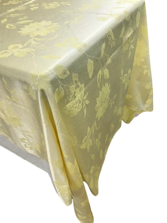 Pastel Yellow Sateen Tablecloth Linen Blossoms + Buds Rectangle 56