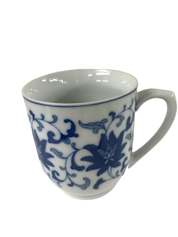Vintage Tea Cup Mug Handled Blue Floral White China 3 3/4