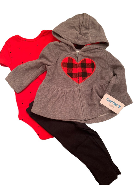 9 Months Carters Infant Girls 3 Piece Outfit Buffalo Plaid Heart