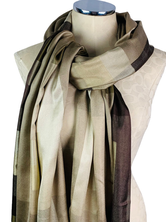 Brown Square Print Light Sheen Shawl Scarf Fringed 29