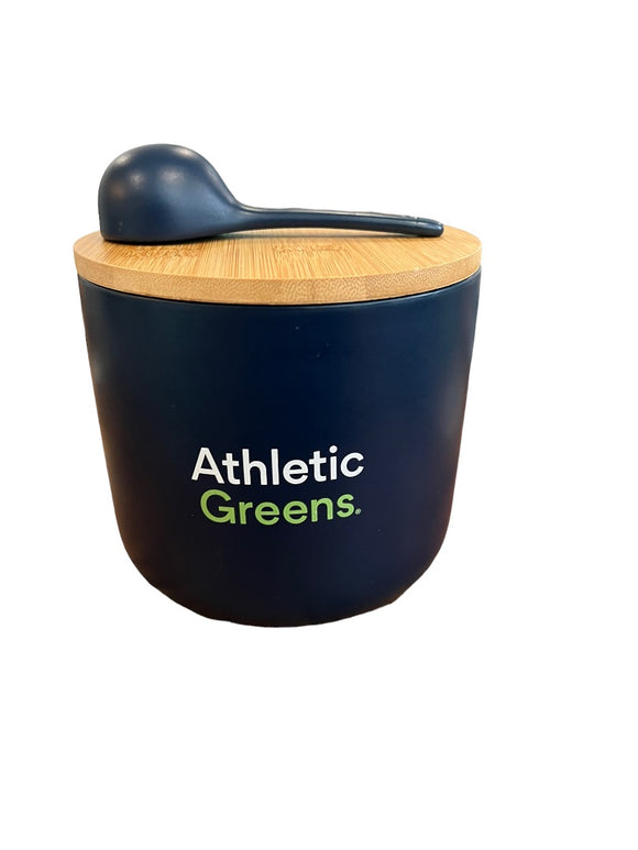 Athletic Greens Navy Blue Ceramic Canister Jar w/ Lid & Spoon Scoop Bamboo Lid EUC