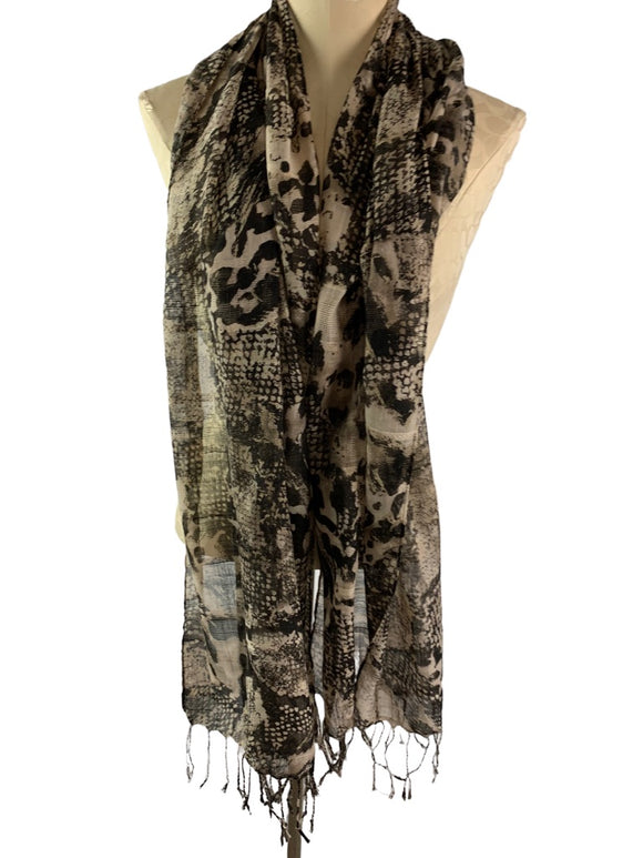 Chico's Lightweight Scarf Tan Black Fringed Mixed Reptile Print 24