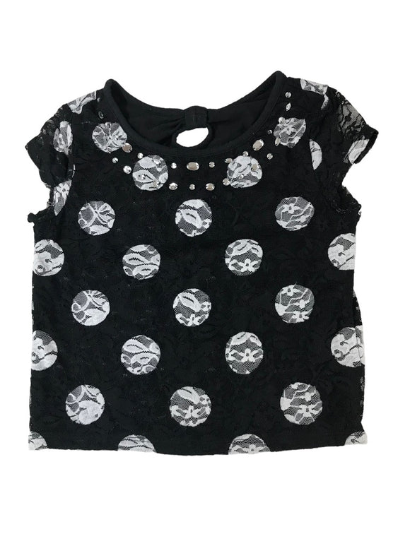 10 Justice Girls Black Short Sleeve Top White Lace Circles Lined