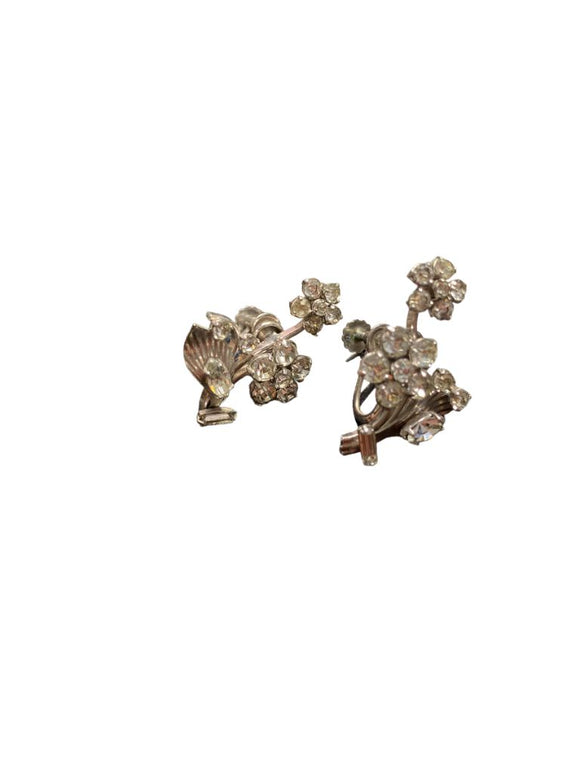 Vintage Silvertone and Rhinestone Screwback Flower Earrings