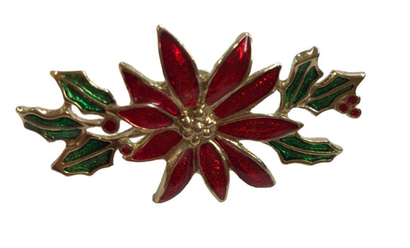 Vintage Enameled Poinsettia Brooch Red Green Goldtone Thailand 2