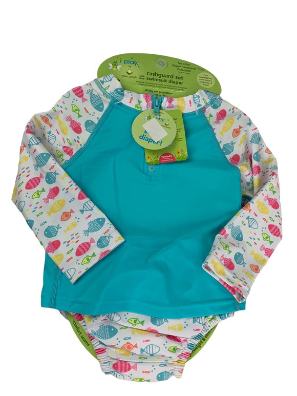 18 Months i play. Girls Two Piece Swimsuit Built-In Diaper Blue Fish Long Sleeve