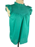 XXS J.Crew Women's Green Eyelet Ruffle Cap Sleeve Blouse Style#AZ105