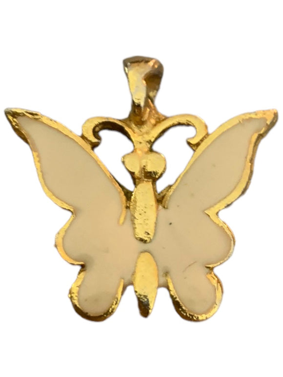 Vintage Goldtone Butterfly Pendant Ivory Enameled Small 1