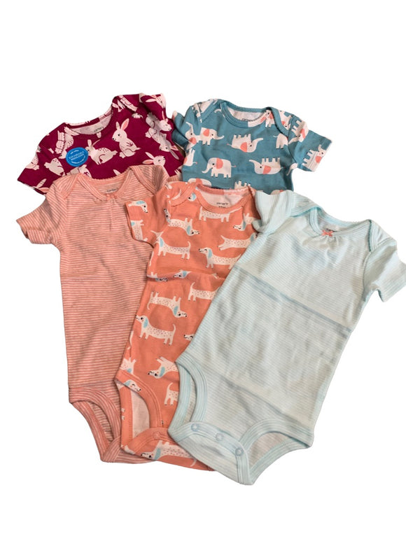 12 Months Carters Set of 5 One Piece Short Sleeve Animal Theme Pink Blue