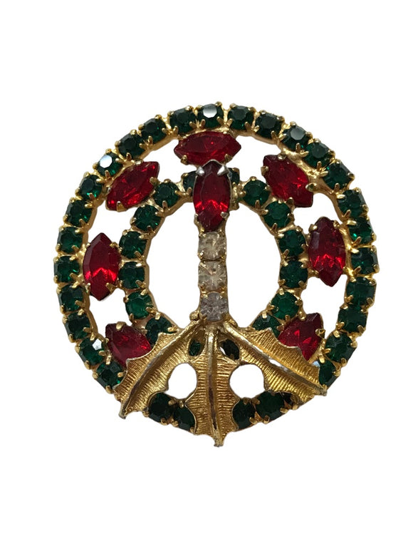 Vintage Holiday Wreath Candle Brooch Red Green Stones Goldtone 1.5